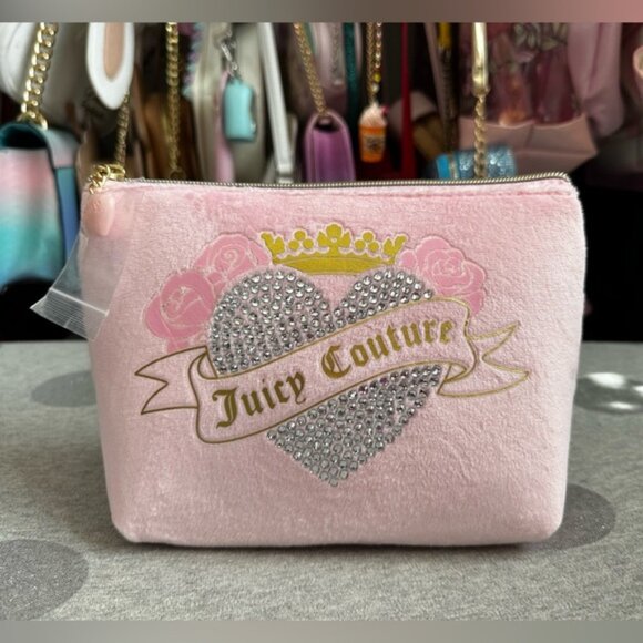 Juicy Couture Handbags - Pink Velour Juicy Couture Rhinestone Heart w/ Gold Crown Makeup Bag & Bottle